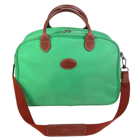 Longchamp GREEN CANVAS BROWN LEATHER ZIP AROUND TRAVEL CARRY ALL SHOULDER DUFFLE - Picture 3 of 15